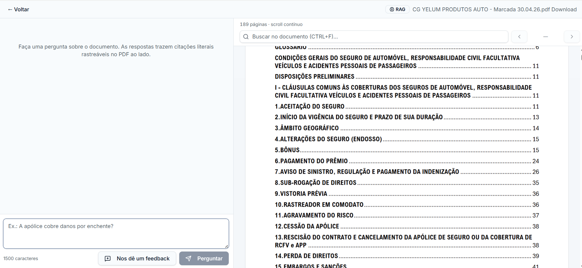 Interface da Insurelytics com o visualizador PDF e chat ao lado, mostrando citações literais rastreáveis.